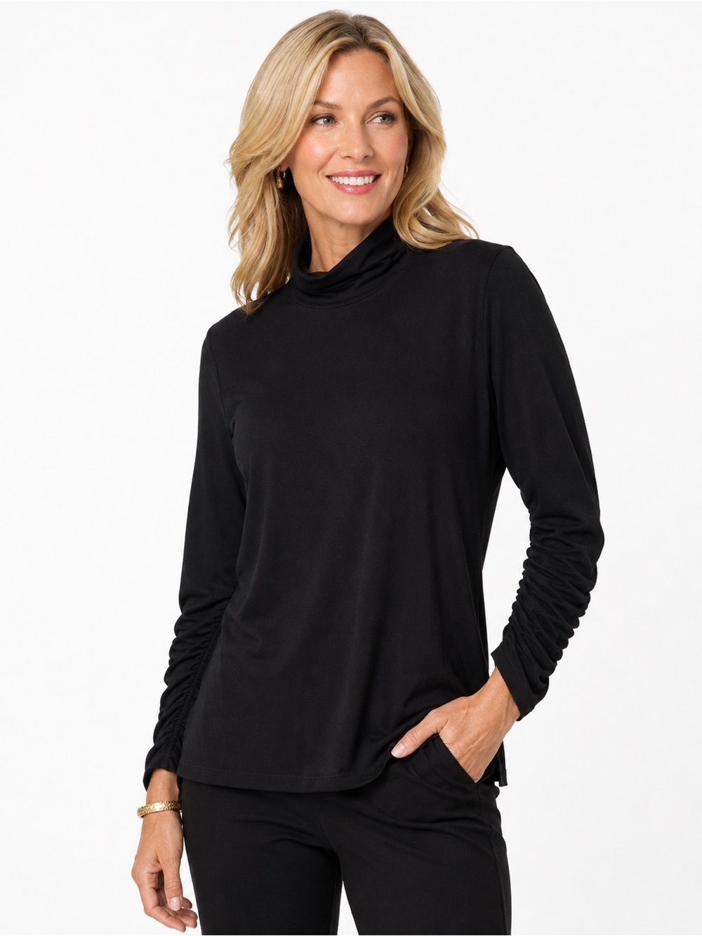 Chico's Travelers Size 2 Black Mock Turtleneck Long-Sleeve Top Blouse Size Large